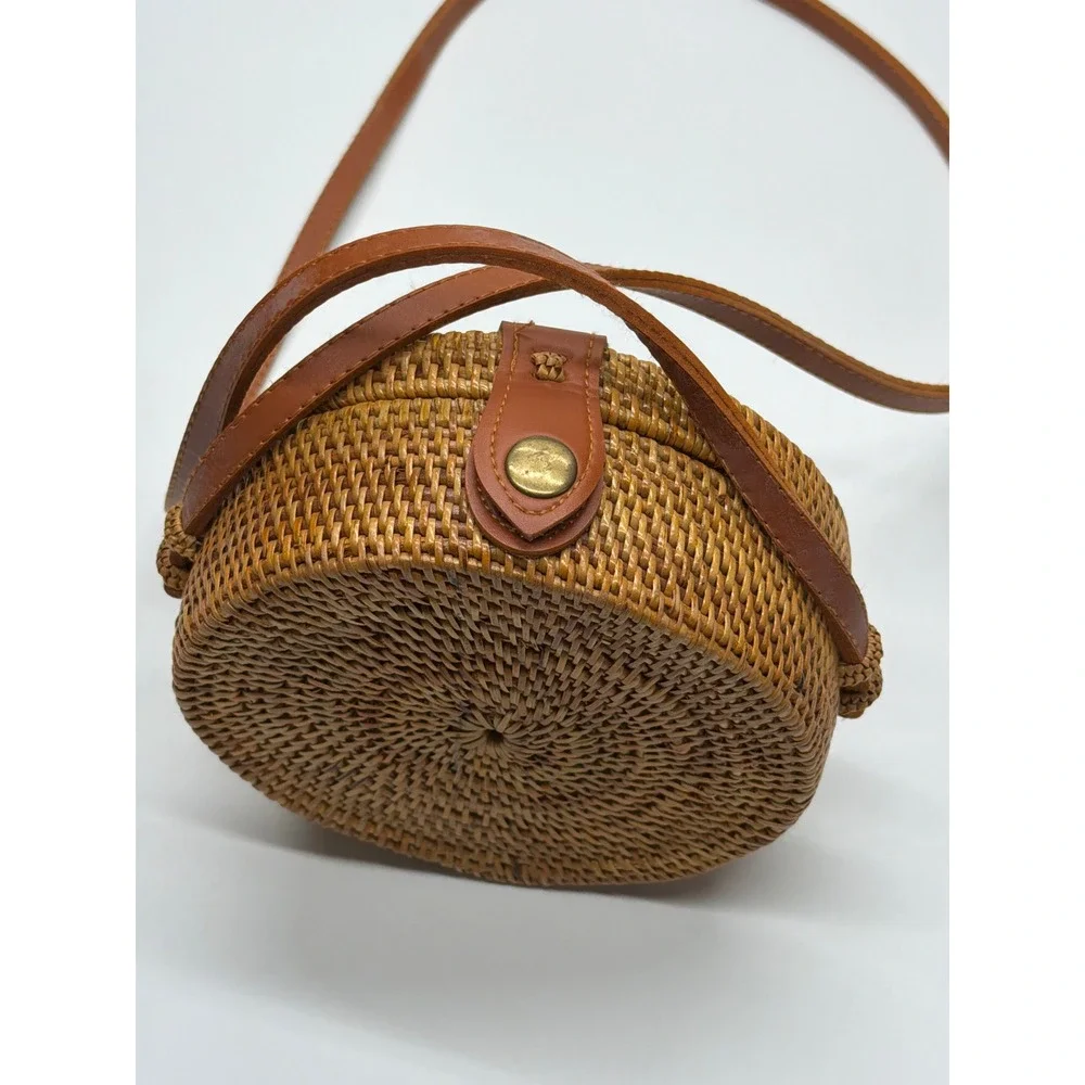 Round Woven Rattan Crossbody‎ Bag Natural Straw Circle Purse with Batik Lining